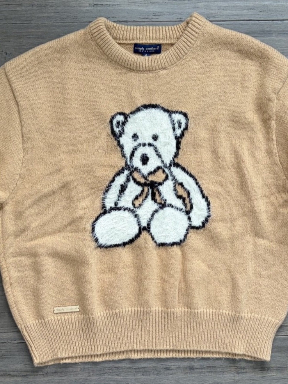 NWT Simply Southern Women SM Fuzzy Teddy Bear Sweater Tan White Beige Crew Neck